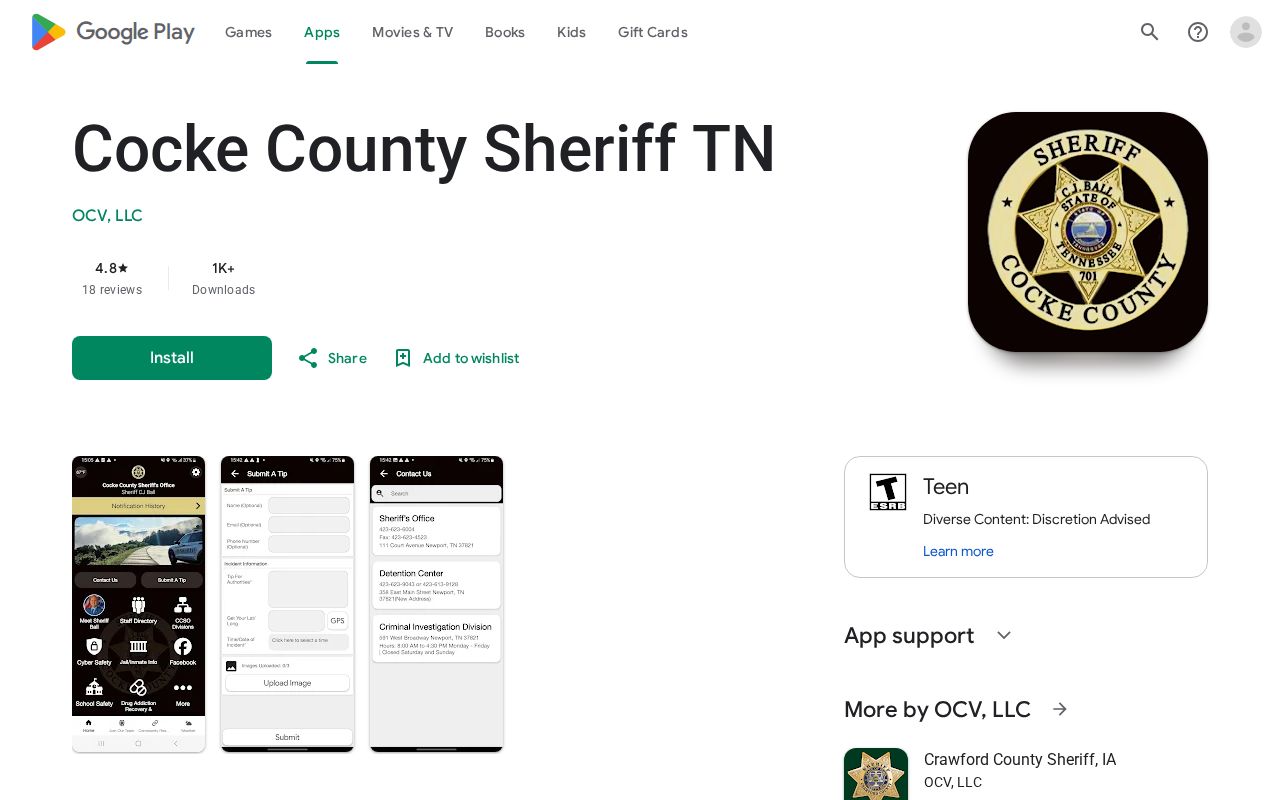 Cocke County Sheriff app listing for arrest and public safety information