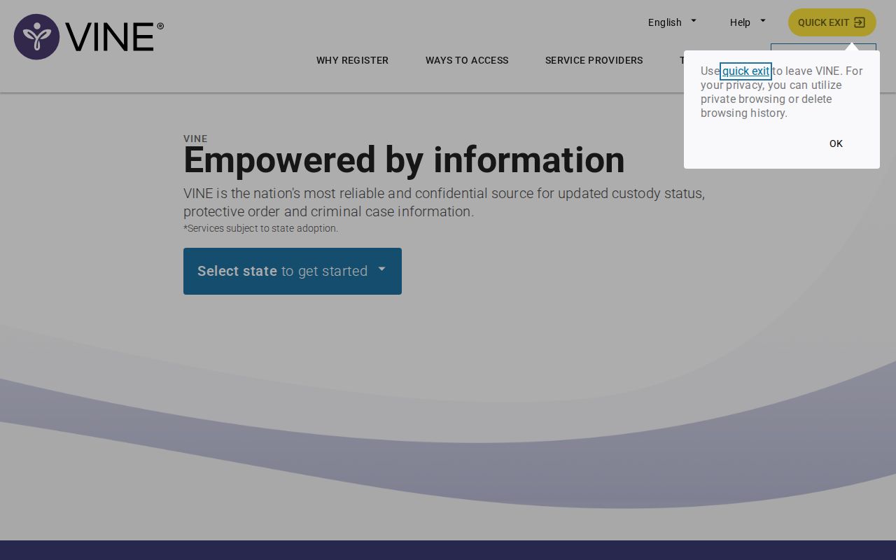 VINELink search screen for a Cocke County custody check