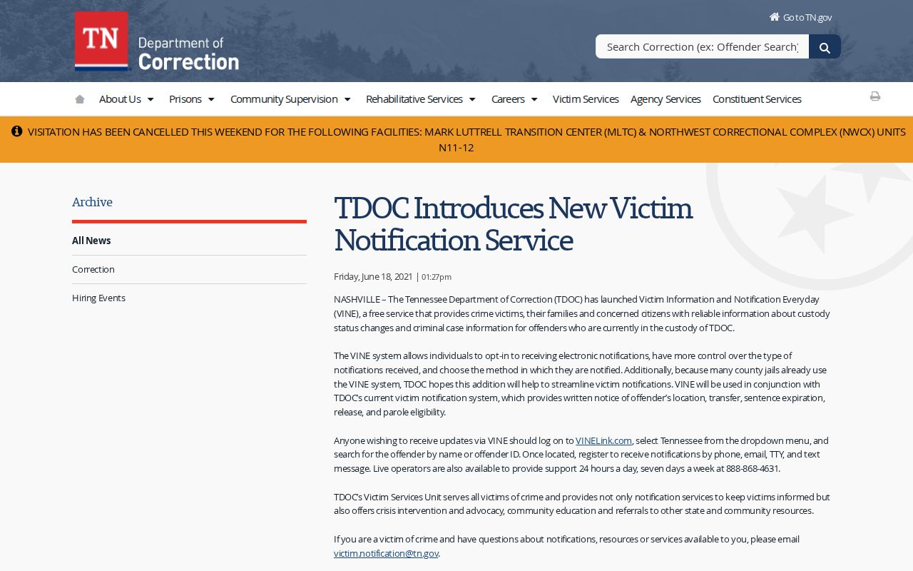 Tennessee VINE custody notification information for Cocke County arrests