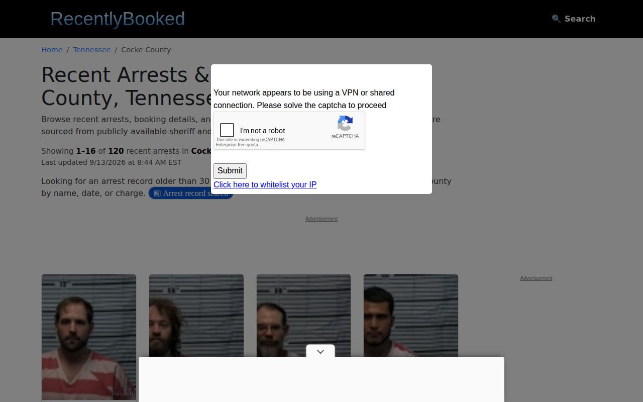 Unofficial rolling Cocke County arrest log on RecentlyBooked